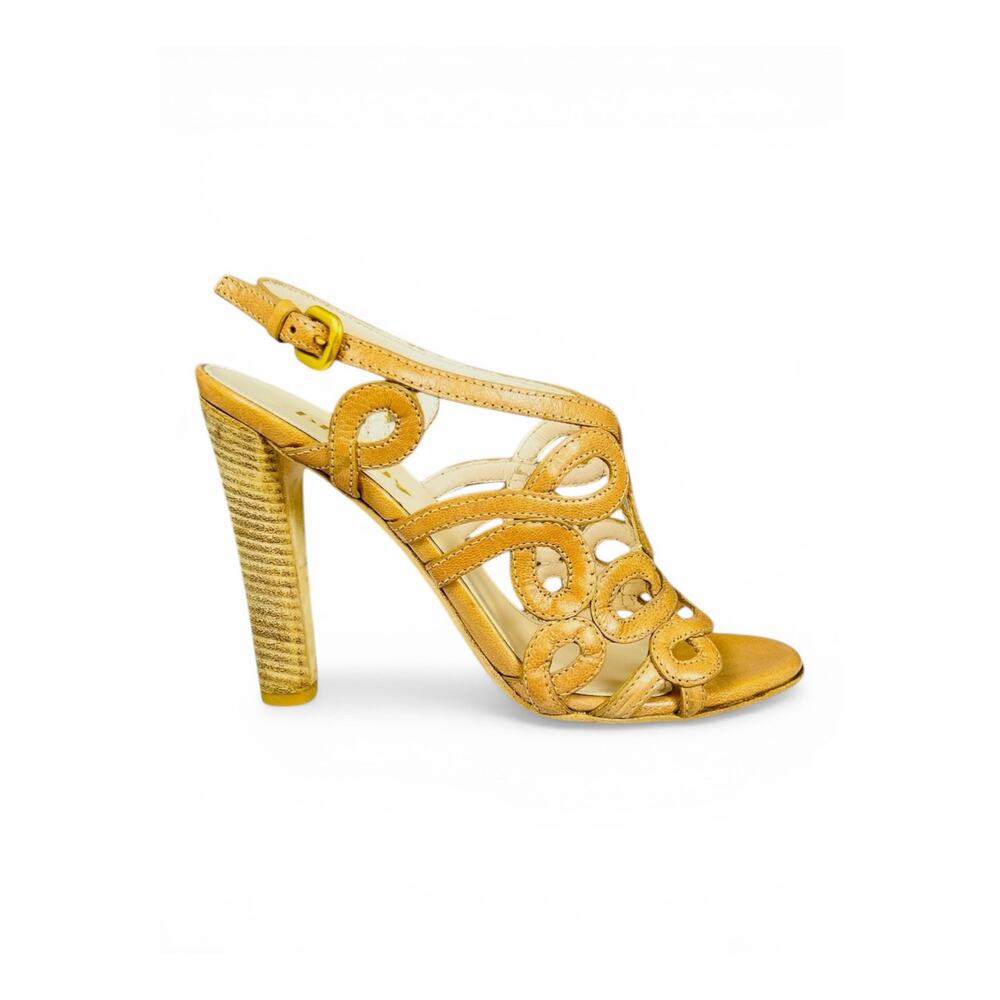 Prada Laser Cut Cage Sandals Tan Leather Scrollwork Heels 35.5